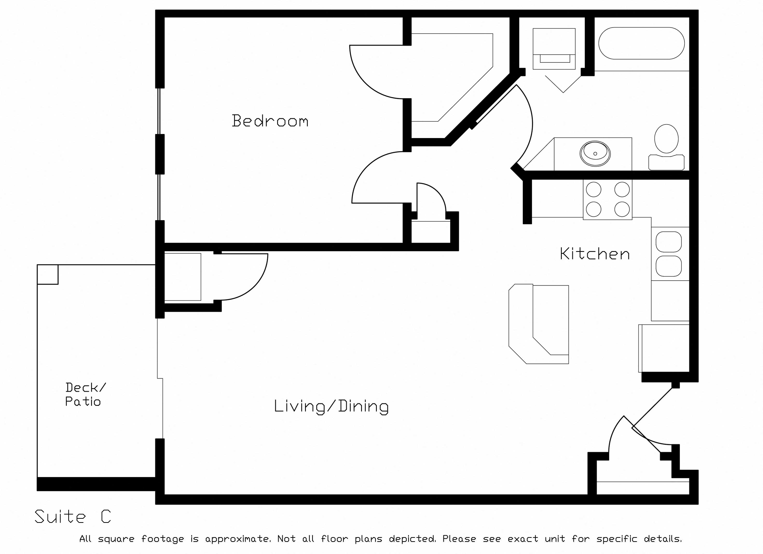 Floor plan for 1 bed, 1 bath, 800 sqft